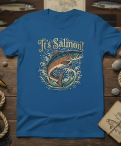 It's Salmon! text with a leaping salmon graphic and waves, printed on a blue t-shirt