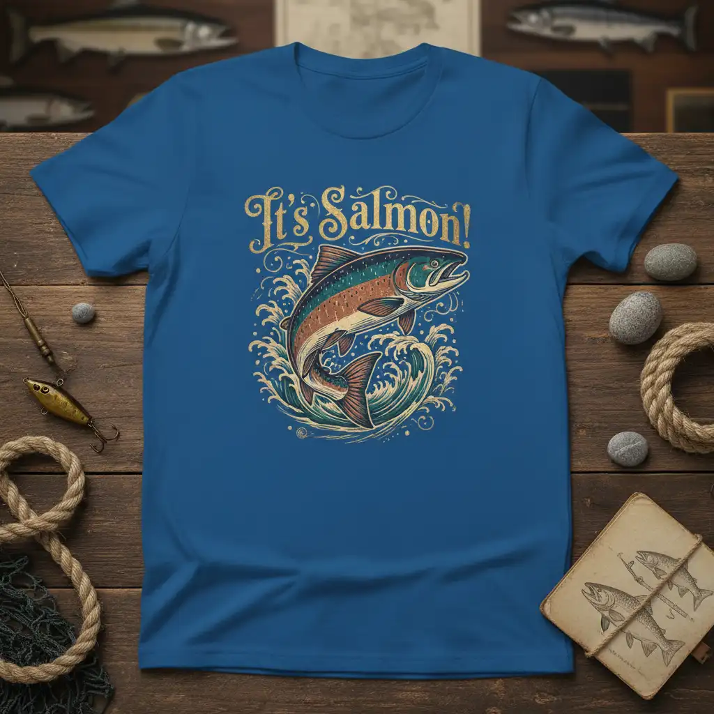 It's Salmon! text and leaping salmon graphic on a blue t-shirt, designed for fishing enthusiasts