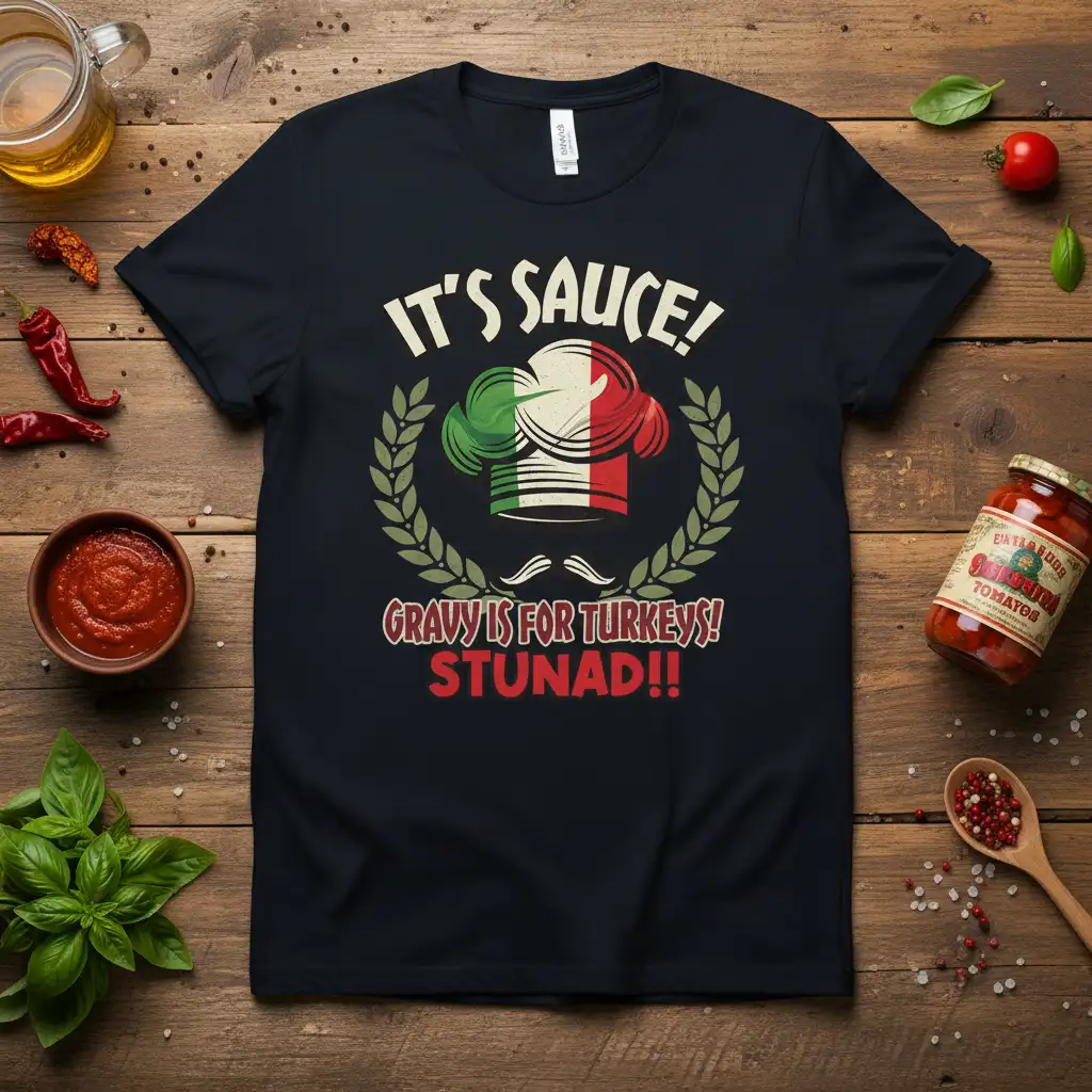 It's Sauce! Gravy Is For Turkeys! Stunad!! funny Italian food quote with chef hat graphic on a t-shirt