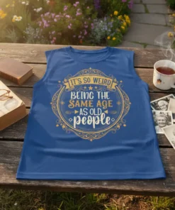 Blue sleeveless t-shirt with gold ornate text: "IT'S SO WEIRD BEING THE SAME AGE AS OLD people"