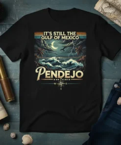 Black t-shirt with "IT'S STILL THE GULF OF MEXICO PENDEJO" text and a stormy coastal graphic, featuring waves, palm trees