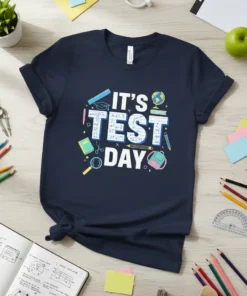 It's Test Day t-shirt design with math equations, books, graduation cap, and globe graphics