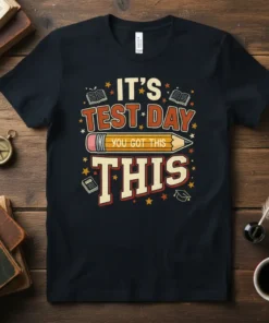 It's Test Day You Got This This quote with a pencil graphic on a black t-shirt, featuring books and a