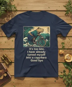 T-shirt with Japanese-style illustration of a capybara riding a bicycle, text "It's too late, I have already turned myself into
