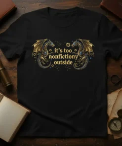 Black t-shirt with "it's too nonfictiony outside" text and two detailed dragon graphics