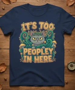It's Too Peopley In Here quote with a grumpy cat illustration on a navy t-shirt