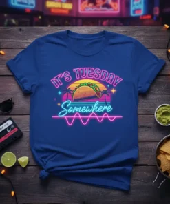 It's Tuesday Somewhere retro neon t-shirt design featuring a taco and sunset graphic