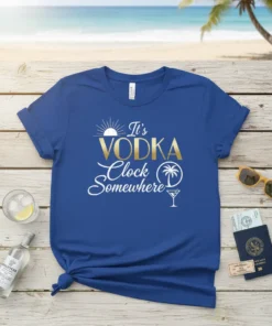 It's Vodka Clock Somewhere quote on a blue t-shirt with sun, palm tree, and cocktail graphics