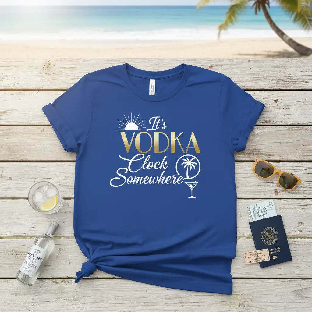 It's Vodka Clock Somewhere quote with beach and cocktail graphics on a blue tee
