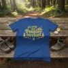 Blue t-shirt with "it's way too Peopley OUTSIDE" text, featuring mountains, moon, and trees in a vintage style