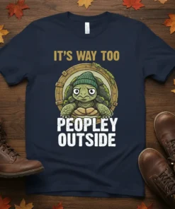It's Way Too Peopley Outside text with grumpy turtle graphic on navy t-shirt