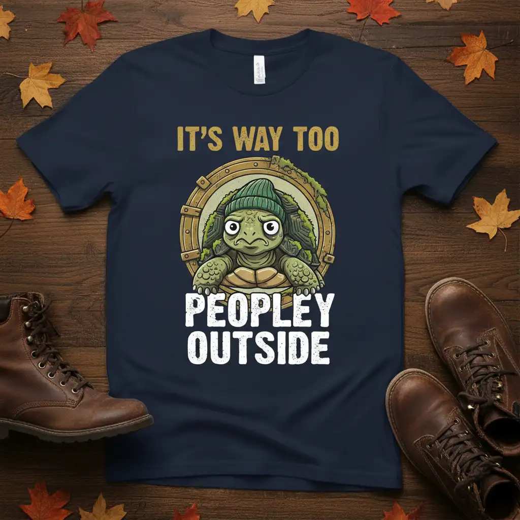 It's Way Too Peopley Outside humorous quote with a grumpy turtle wearing a beanie, printed on a navy t-shirt