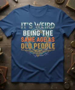 T-shirt with the quote "IT'S WEIRD BEING THE SAME AGE AS OLD PEOPLE" in vintage-style typography