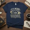 It's Weird Being The Same Age Same As Old People quote on a navy blue t-shirt with vintage gramophone and
