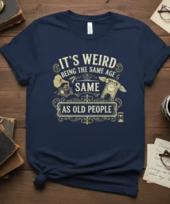 It's Weird Being The Same Age Same As Old People quote on a navy blue t-shirt with vintage gramophone and
