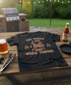 Black t-shirt with "ITS WHAT I DO I DRINK AND GRILL THINGS" text, flames, and crossed utensils graphic