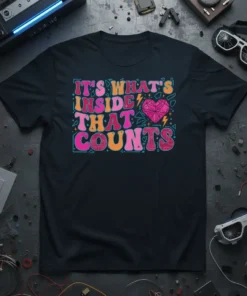 It's What's Inside That Counts quote t-shirt with a geometric heart graphic and lightning bolts