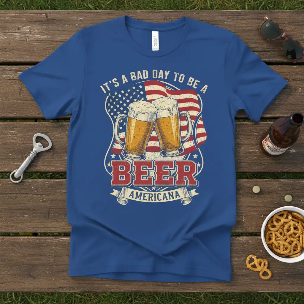 It's A Bad Day To Be A Beer Americana quote and graphic on a blue t-shirt design