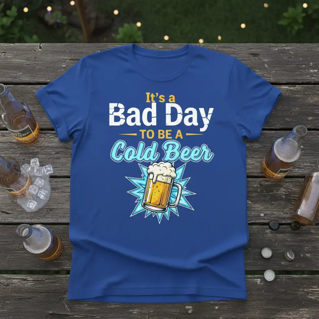 It's a Bad Day TO BE A Cold Beer humorous quote with frothy beer mug graphic on blue t-shirt
