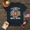 T-shirt design with text "IT'S A BAD DAY TO BE A HOT DOG" featuring a cartoon hot dog holding an