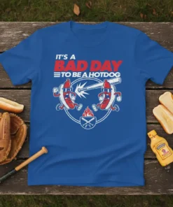 It's A Bad Day To Be A Hotdog funny quote t-shirt with cartoon hotdogs playing baseball
