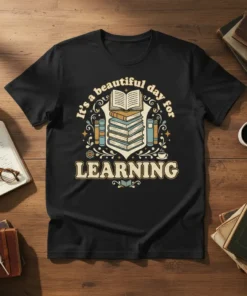 T-shirt with "It's a beautiful day for LEARNING" text and stack of books graphic