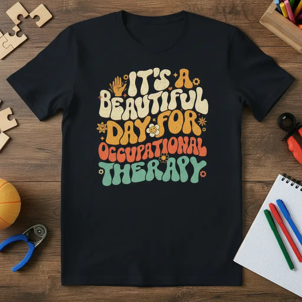 Retro wavy text design: IT'S A BEAUTIFUL DAY FOR OCCUPATIONAL THERAPY with playful graphics and vibrant colors