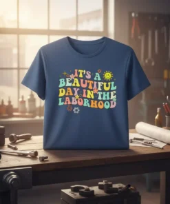 It's a Beautiful Day in the Laborhood text design with colorful retro font, sun, stars, and flowers