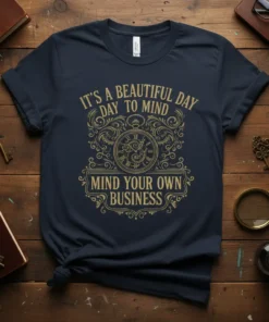 Navy t-shirt with gold vintage-style text "It's A Beautiful Day To Mind Your Own Business" and ornate clock graphic