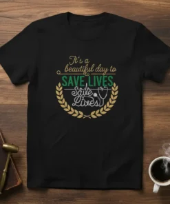 Black t-shirt with "It's a beautiful day to SAVE LIVES Save Lives" text and stethoscope graphic, ideal for nurses and