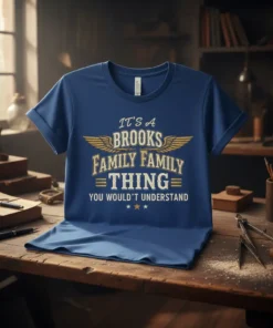 Blue t-shirt with gold text "It's A Brooks Family Thing You Wouldn't Understand" and wings graphic