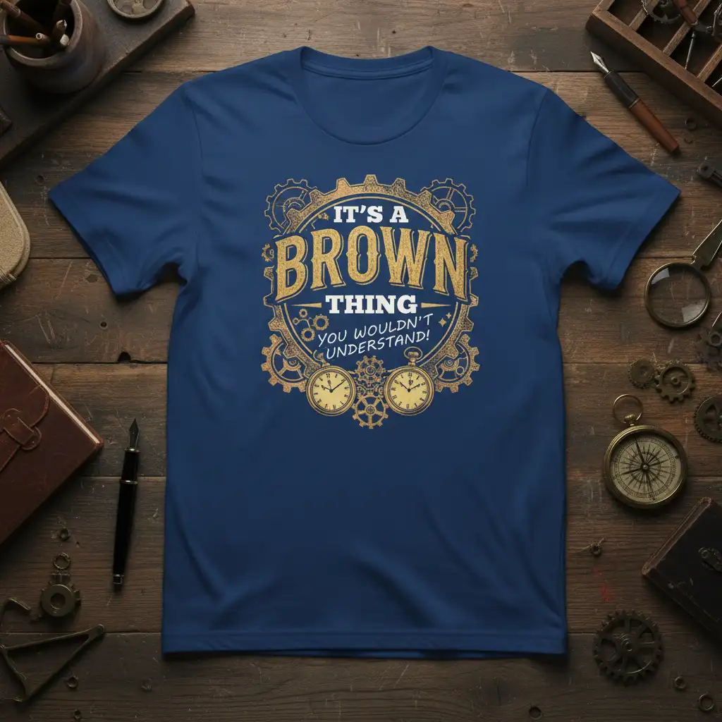 It's A Brown Thing You Wouldn't Understand quote with steampunk gears on a navy blue t-shirt