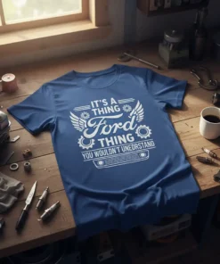 Blue t-shirt with white text "IT'S A THING Ford THING YOU WOULDN'T UNEDRSTAND" and Ford grille graphic