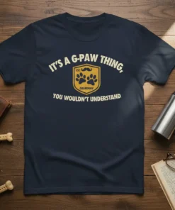 Navy t-shirt with "It's A G-Paw Thing, Est. Grandpaw You Wouldn't Understand" text and paw print shield graphic