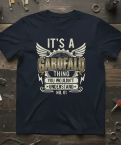 It's A Garofalo Thing You Wouldn't Understand No. 01 text design on a navy t-shirt with vintage-style wings and gear