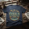 It's a Gerald Thing You Wouldn't Understand quote on a navy blue t-shirt with steampunk-inspired gold and blue circular design