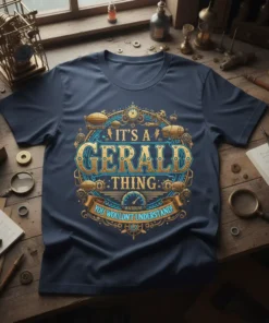 It's a Gerald Thing You Wouldn't Understand quote on a navy blue t-shirt with steampunk-inspired gold and blue circular design