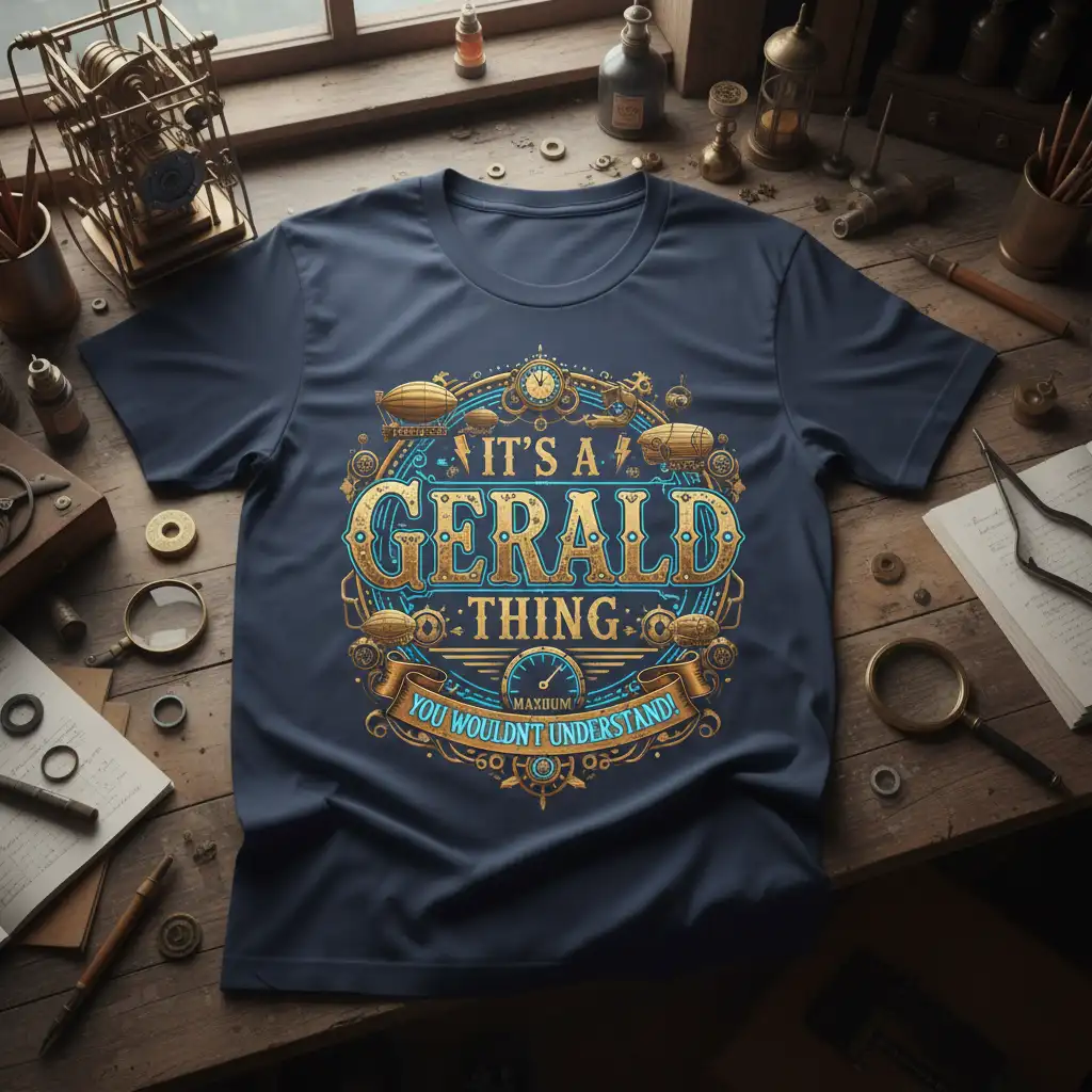 It's a Gerald Thing You Wouldn't Understand humorous quote on a detailed steampunk t-shirt graphic