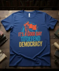 T-shirt with bold text "IT'S A GOOD DAY TO DEFEND DEMOCRACY" featuring a torch and flag graphic