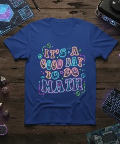 It's A Good Day To Do Math text design with colorful neon outlines and geometric shapes on a royal blue