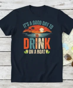 It's A Good Day To Drink On A Boat t-shirt with retro sunset and tropical beach graphic