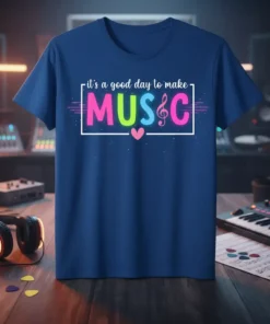 Blue t-shirt with "it's a good day to make MUSIC" in colorful, bold letters and a treble clef graphic