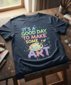 T-shirt with colorful text reading "It's A Good Day To Make Some Art" and an artist's palette graphic