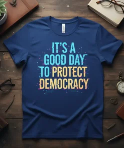 T-shirt with the text "IT'S A GOOD DAY TO PROTECT DEMOCRACY" in bold, colorful font with digital circuit graphics