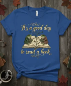 It's a good day to read a book quote with two frogs reading on a book, printed on a blue
