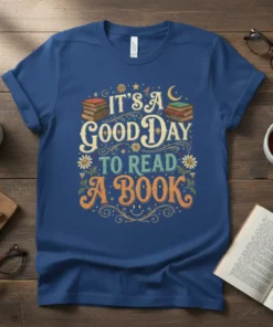 It's a Good Day to Read a Book quote t-shirt with stacks of books and floral accents