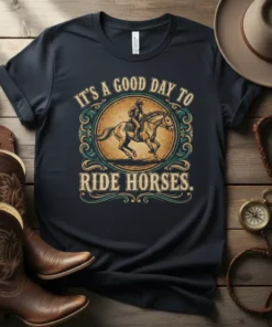 T-shirt with "It's A Good Day To Ride Horses" text and vintage illustration of a person riding a horse