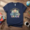 It's a good day to teach SECOND GRADE text design with colorful sunburst graphic on navy t-shirt