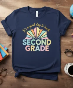 It's a good day to teach SECOND GRADE text design with colorful sunburst graphic on navy t-shirt