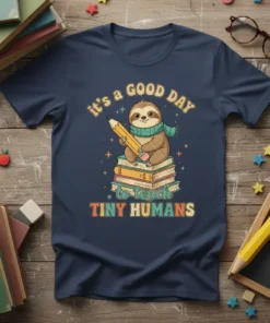 Teacher t-shirt design with text "It's a Good Day to Teach Tiny Humans" and a cute sloth holding a pencil
